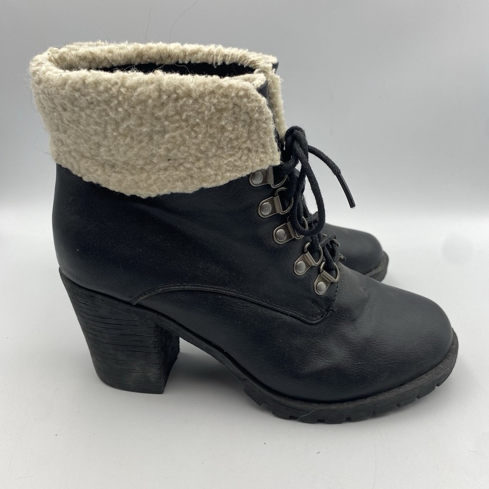 Faux Fur Sherpa Cuff Ankle Boots Lace‎ Up Block Heel Size 8 Black